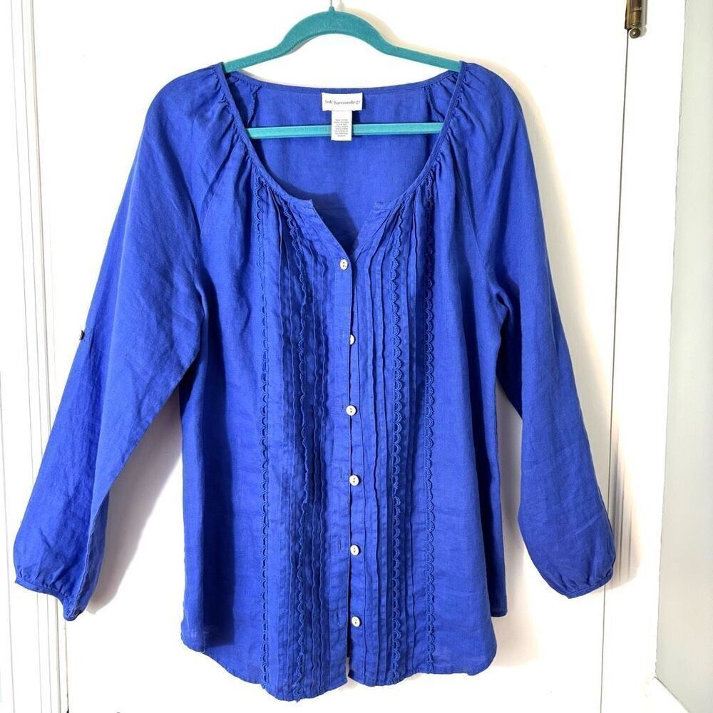 Soft Surroundings M 100% linen blue boho blouse